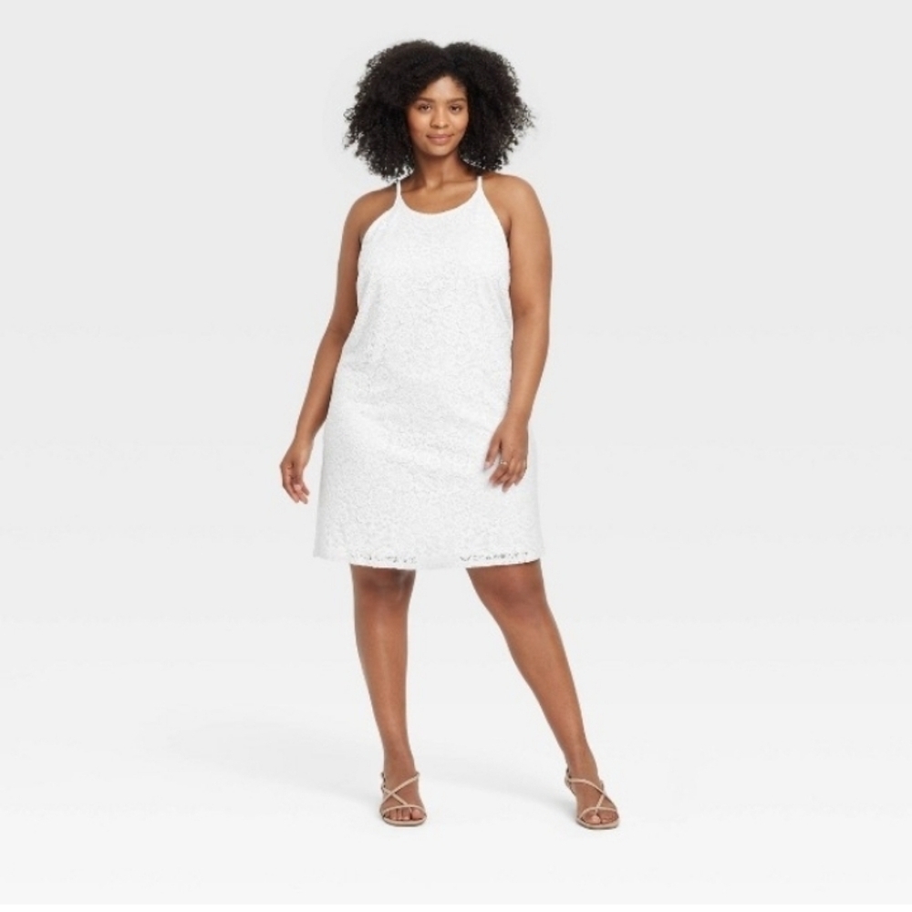 A New Day Women's Lace Mini Shift Dress White Floral Halter Neck Open Back Side
